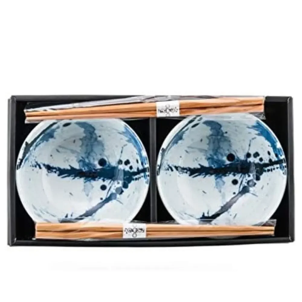 Ebros Blue Splash Paint Abstract Art Design Porcelain Bowls Bamboo Chopstick Set